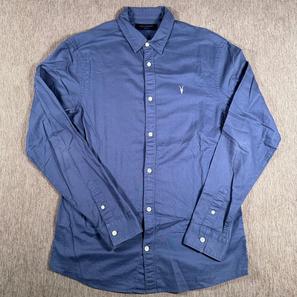 AllSaints Mens Blue Long Sleeve Ramskull Logo Button Down Shirt Small